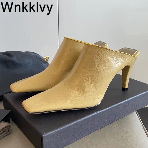 

women sandals high heels 2020 summer pumps square toe slippers for ladies genuine leather stiletto runway sandalias t-show shoes, Black