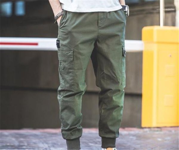 

full capris mens cargo pants regular multi pocket work trousers elastic waist trousers male fashion clothing casual, Black