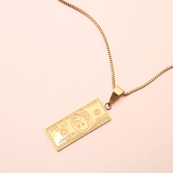 

100 dollar bill gold pendant necklace stainless steel box chain punk hip-hop necklace for women men, Silver