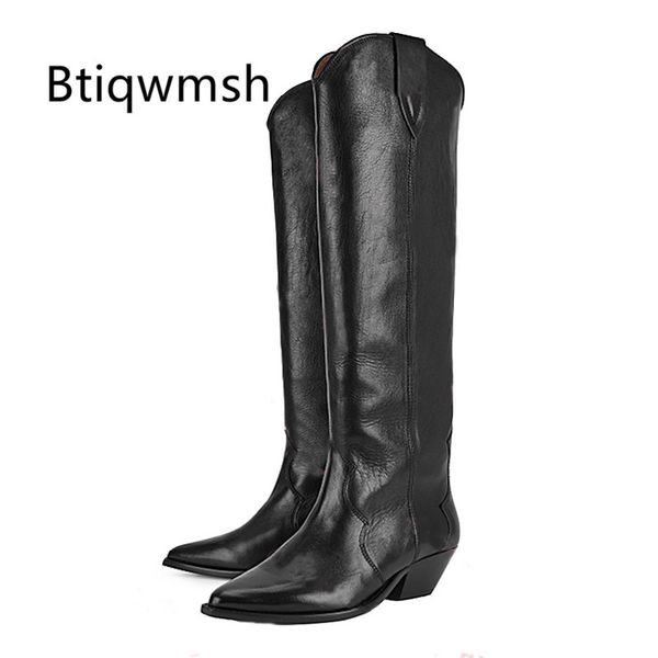 

2020 real leather knee high boots women pointed toe embroidery high heels wedges shoes woman western boots zapatillas mujer, Black