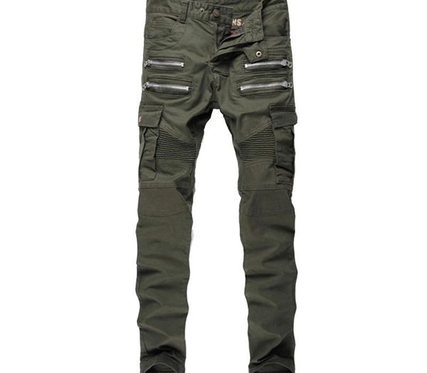 

2020 mens skinny biker jeans multi pockets cargo pant army green mens pleated pencil jeans p2086, Blue