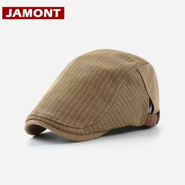 

jamont] striped beret hat men's forward cap casual visor cotton linen hats fashion patch visors breathable casquette, Blue;gray