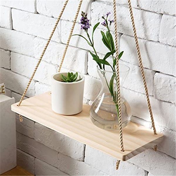 

hanging wooden shelves small ornaments storage wall hanging rack living room decorative shelves home swing shelf #lr3