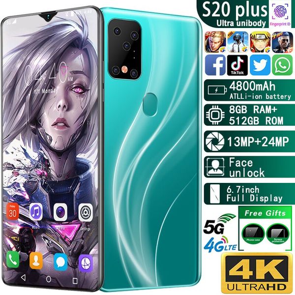 

cross-border explosive s20plus smartphone 6.7-inch full water droplet large screen fingerprint recognition android smartphone