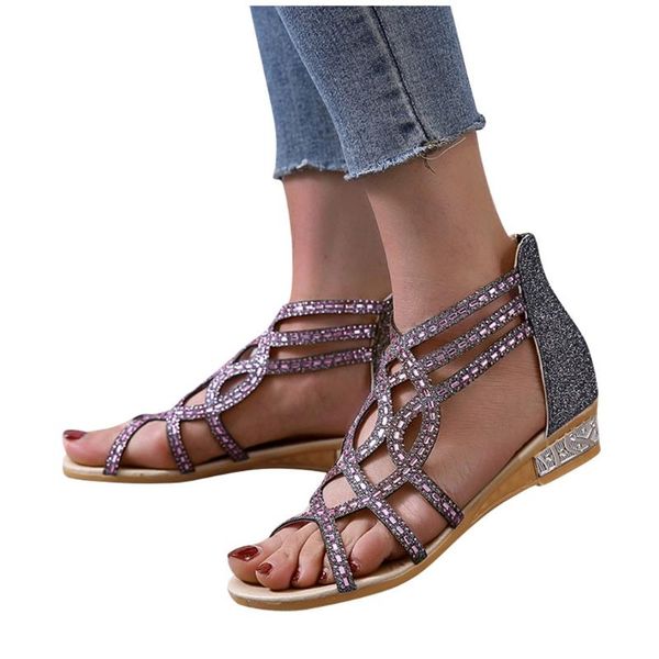 

sagace lady sandals summer flat open toe rhinestone sequins breathable plus size women sandals zipper casual rhinestones, Black