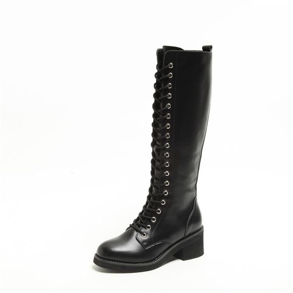 

2020 new ladies genuine leather knee high boots womens punk lace up block high heels motorcycle biker shoes street boots, Black