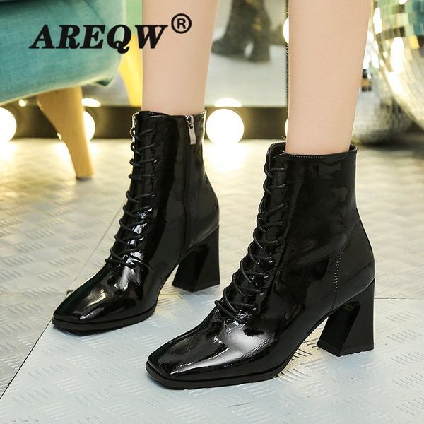

women high heels short booties autumn side zipper fashion black leather square heels low ankle boots wedge european shoes