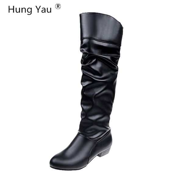 

boots hung yau over-the-knee party fashion women thigh high heels slip-on women's shoes woman long leather plus size 35-43, Black