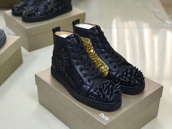 

black-gold,white-gold strass &spikes red bottom sneaker shoes high popular designer casual shoes red sole trainers eu35-47