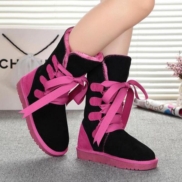 

fashion lace up women winter boots 100% cowhide leather high snow boots with bow-knot for women boot chaussures femme shoes, Black