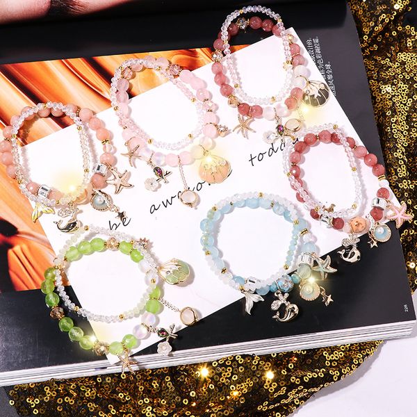 

fashion sweet starfish shell flower crystal bead double bracelet lady bracelet sale, Golden;silver