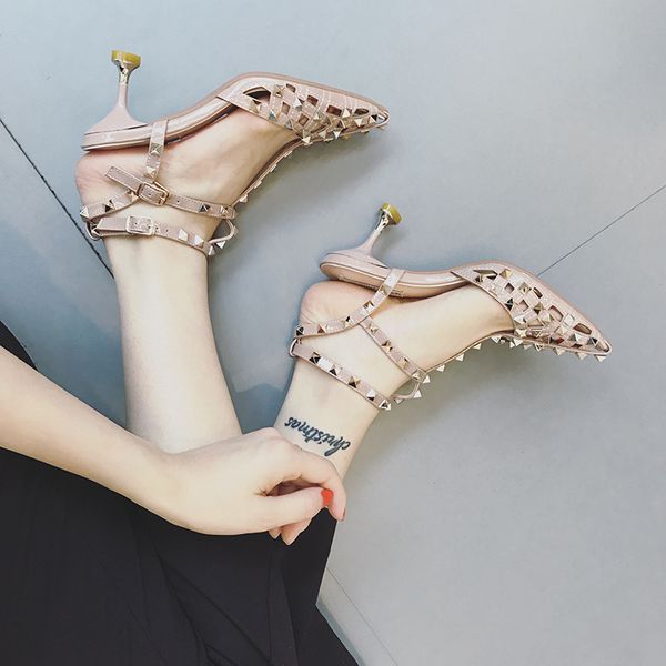 

sandals women's summer rivet thin heel belt all-match high heel thin belt, Black