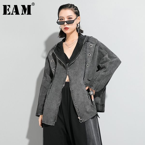 

eam] loose fit black denim split joint big size jacket new hooded long sleeve women coat fashion tide spring 2020 1r641, Black;brown