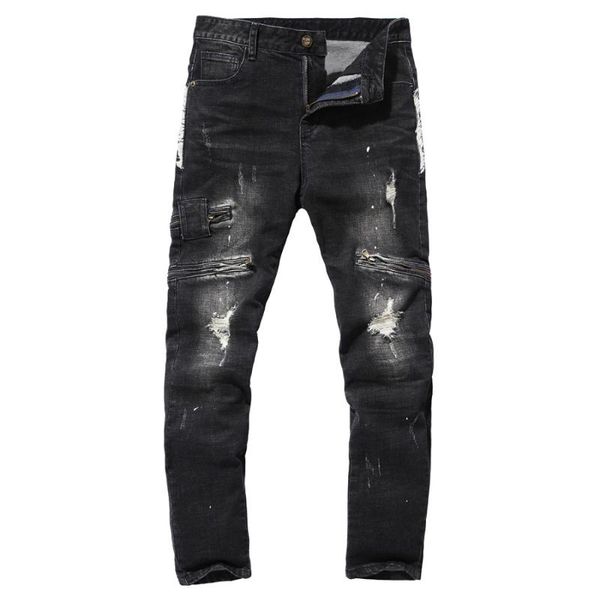 

good quality men's 100% cotton holes slim jeans new fashion male multi-pocket black jeans denim trousers size 40, Blue