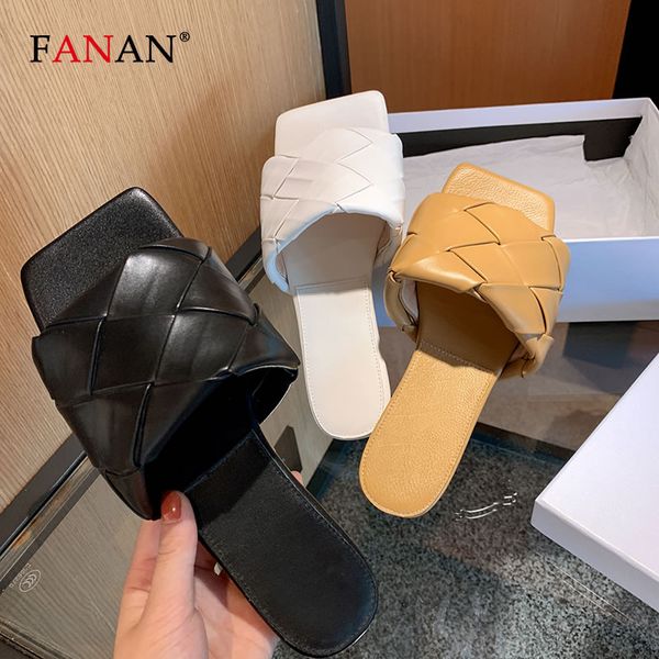 

fanan slippers women summer real weave leather shoes open toe flat casual slides outdoor beach female flip flops, Black