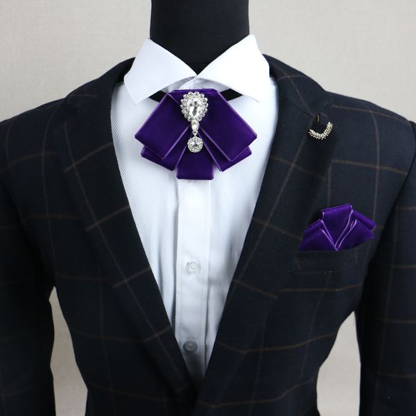

new fashion men's groom wedding rhinestone bow tie groomsman retro gentleman british velvet bowtie gifts for men pocket square, Blue;purple