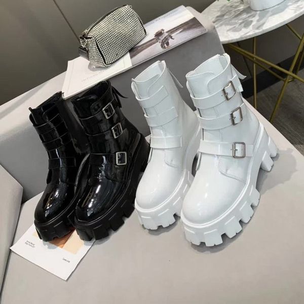 

boots women belt buckle shoes autumn and winter punk style thick-soled shoes female round toe boots zipper, Black