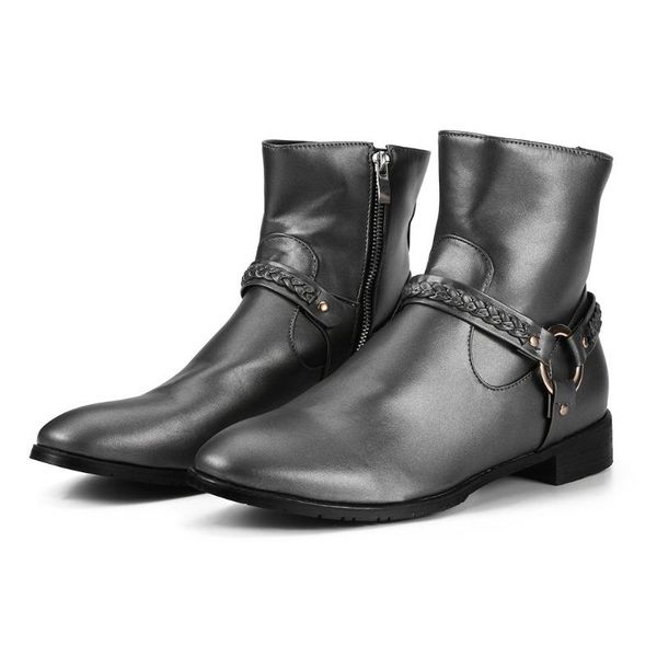 

boots couple fashion slipon ankle boot pu leather british men casual shoes waterproof male botas, Black
