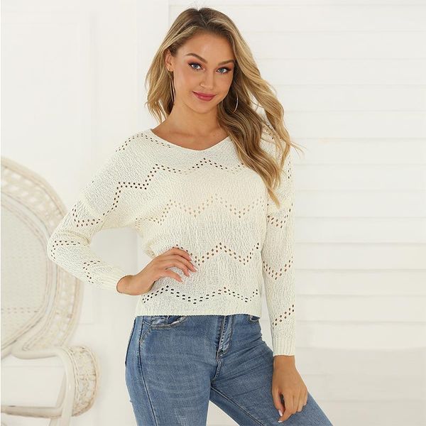 

out short knit pullover long sleeve sweater casual white loose ladies sweater v neck women sweater hollow, White;black