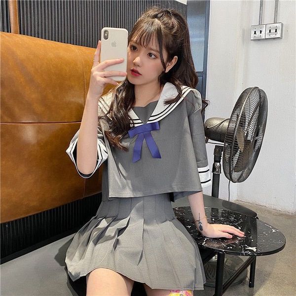 

two-piece suit summer jk uniform female student pleated short skirt skirt skirtstyle school uniform short sailor suit tb4lu, Gray