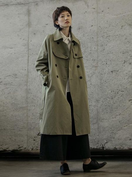 

turndown cool mid-length loose-fit women clothes 2020 double breasted long sleeve women coat chic casual outwear long trench, Tan;black