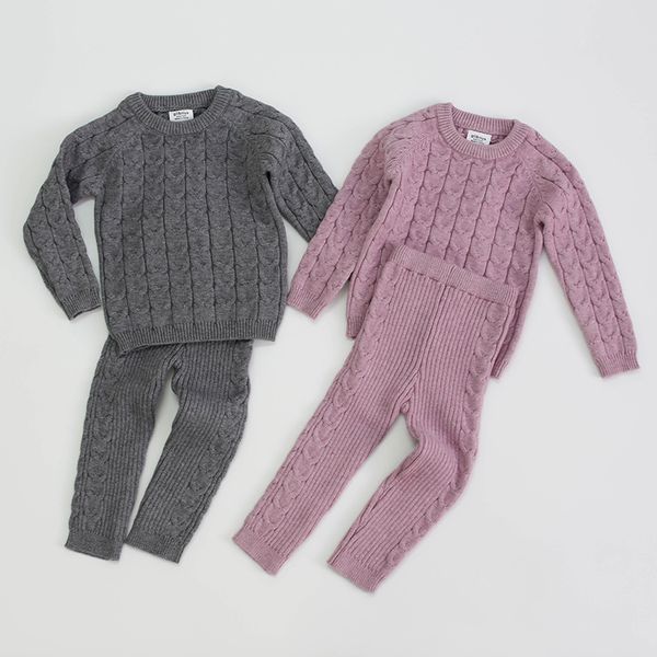 

infant baby boys girls knit base shirt long sleeve + pants clothing sets autumn winter kids pure color boy girl suit clothes, White