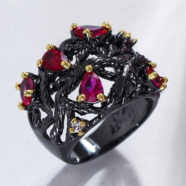 

cute female rose red water drop ring fashion black gold filled finger ring vintage wedding engagement rings for women, Golden;silver