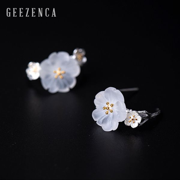

925 sterling silver crystal flower stud earrings fine jewelry for women aestheticism plum blossom simple vintage earring party 200921, Golden;silver
