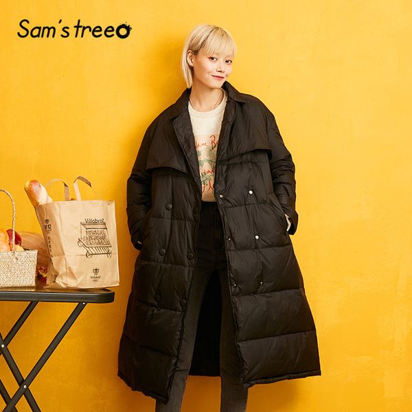 

sam's tree black solid double breasted belted straight warmness down coat women 2020 winter oversive office ladies outwears