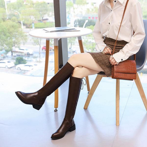 

solid knee high women boots fashion girls outside pu leather boots slip-on square heels flat platform women party, Black