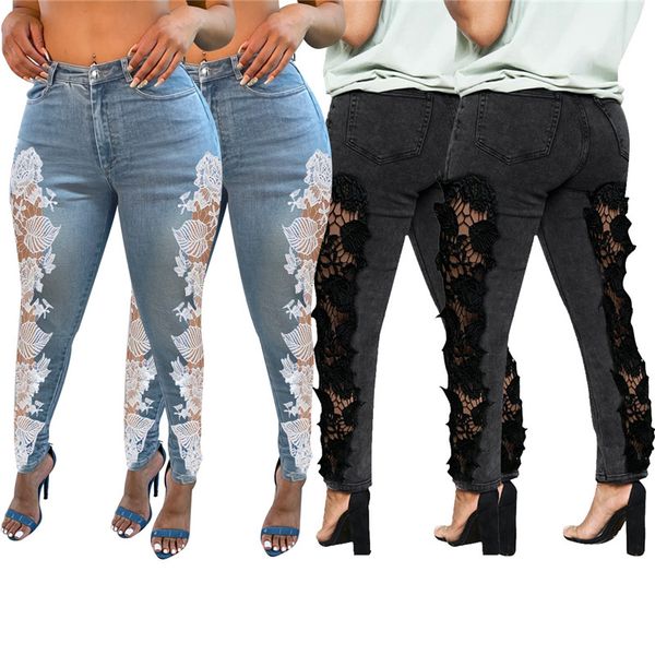 

ripped lace women jeans trousers street style mid waist skinny pencil pants washed solid color denim pants for woman, Blue