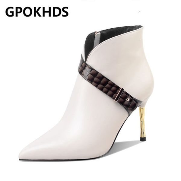 

gpokhds 2021 women soft ankle boots cow leather zippers boots winter short plush pointed toe high heels women, Black