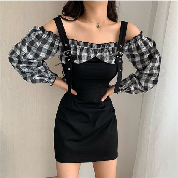 

autumn straps slim dress women elegant fake two-piece dress streetwear ladies black plaid splicing mini long sleeve dresses, Black;gray