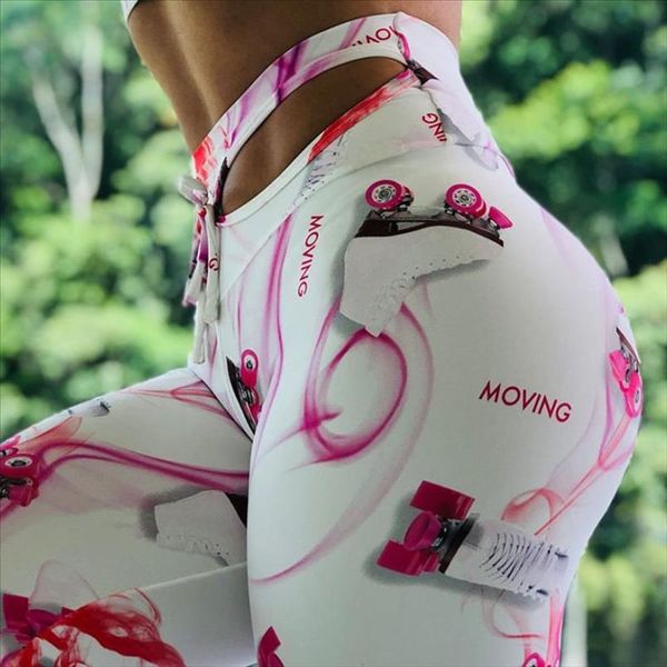 

women high waist skates print leggings hollow waistband push up moving sportwear fitness leggings majuer pants, Black