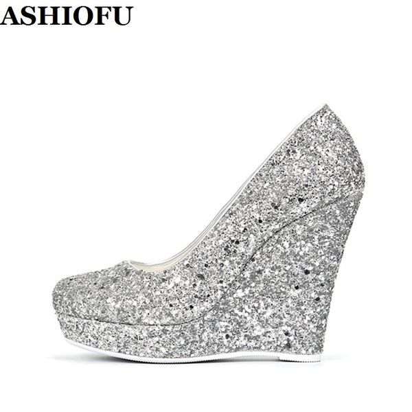 

ashiofu new handmade real ps women's wedges heels pumps glitter leather slip-on party prom shoes evening fashion court shoes, Black