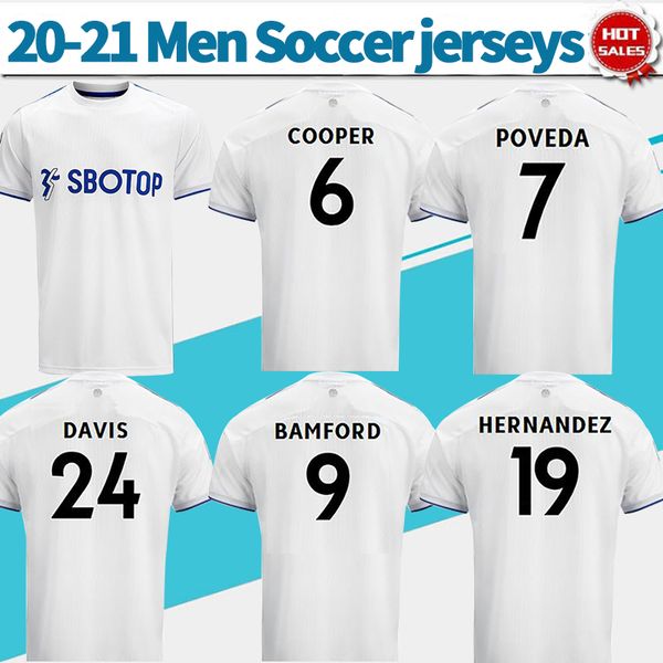 

leeds soccer jersey home white 20/21 men soccer shirt #7 poveda #9 bamford #6 cooper customized football uniforms, Black;yellow