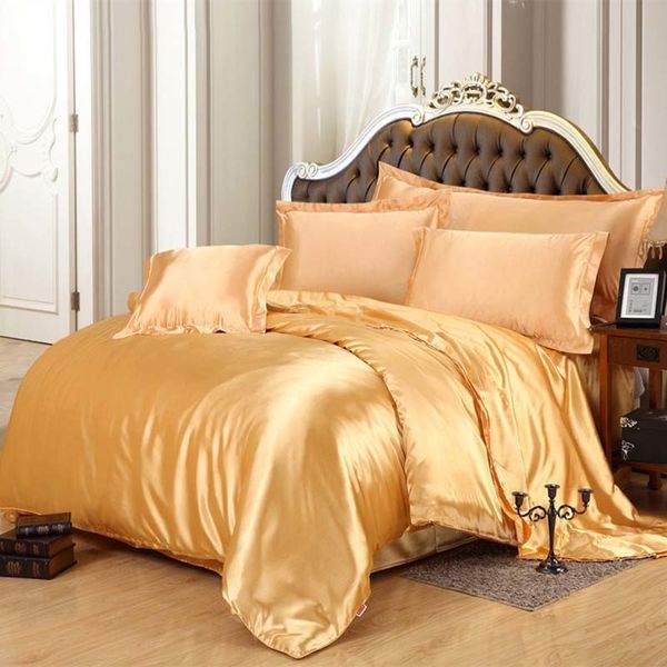 Luxus-Satin-Seiden-Bettwäsche-Sets, Bettbezug, flaches Spannbetttuch, Twin-Full-Queen-King-Size-4-teiliges/6-teiliges Bettwäsche-Set, Schwarz, 100 % golden, 48 201022