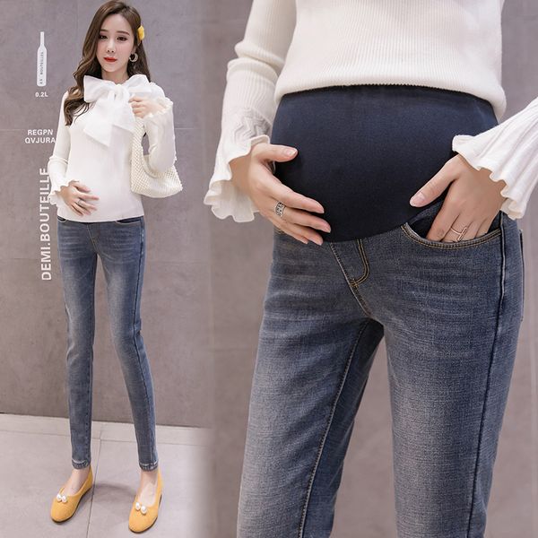 

1001# winter thicken warm plus velvet denim maternity jeans adjustable belly pants clothes for pregnant women pregnancy trousers, White