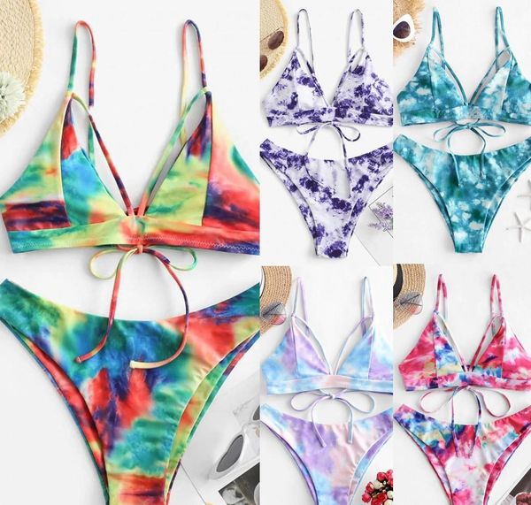 

tie-dye bikini set women lace up bathing suit 2020 new push up swimsuit brazilian thong swimwear women0698, White;black