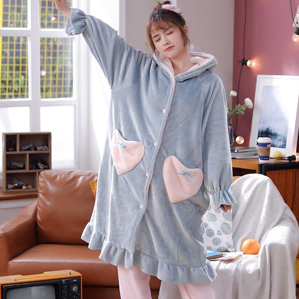 

women's sleepwear feier cute female winter long flannel sleeping gown loose bath home wear clothing, Black;red