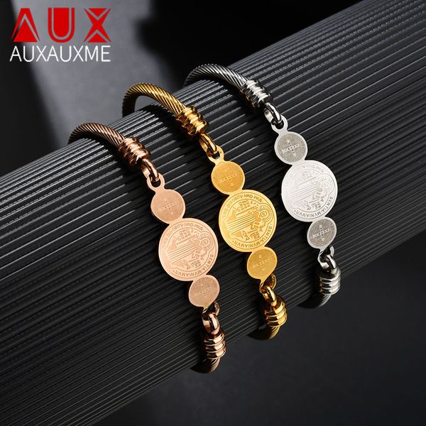 

auxauxme stainless steel san benito rosary bracelet gold religous christian women jewelry gift, Black