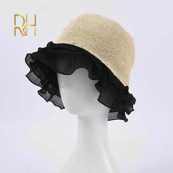 

summer collapsible straw women crochet bucket hat new all match dome cap outdoor travel sun visor adjustable fashion fisherman, Blue;gray