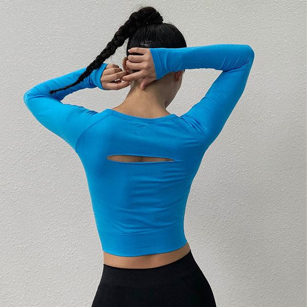 

zhangyunuo yoga long sleeve lumbar backless shirts womens gym fitness hollow active wear sports crop workout top, White;red