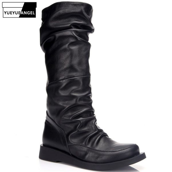 

genuine leather high boots round toe slip on personality vintage pleated cowhide mid calf boots solid casual women wedges, Black