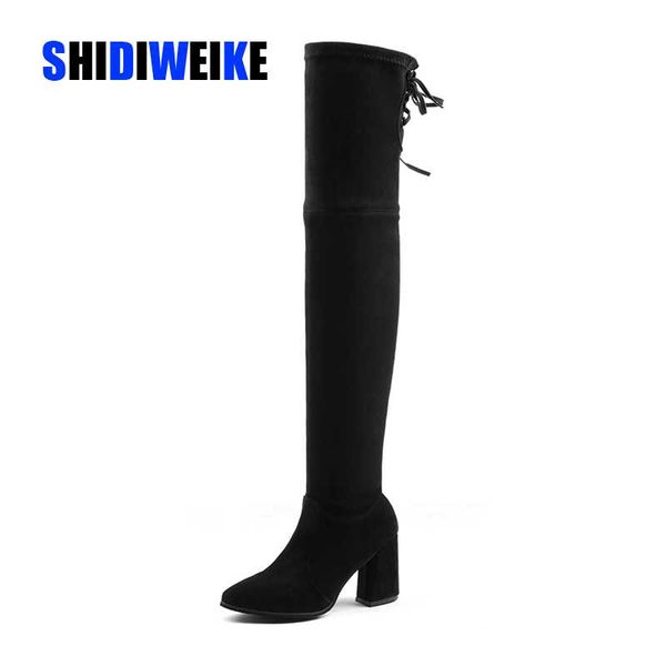 

2020 women's boots autumn winter new over the knee boots sleek minimalist comfort plus cotton square heel flock, Black