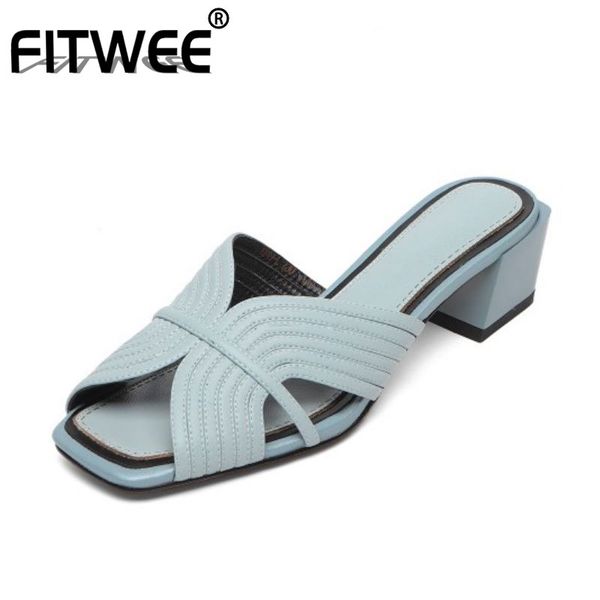 

fitwee women sandals shoes fashion peep toe square heels shoes women solid color slippers genuine leather footwear size 33-40, Black