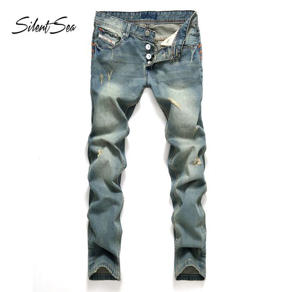 

silentsea fashion men jeans straight fit ripped jeans italian designer 100% cotton distressed denim big size, Blue