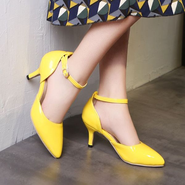 

agodor 2020 women pointed toe d'orsay pumps ankle strap kitten heel ladies shoes patent leather spring/autumn pumps szie 33-48, Black