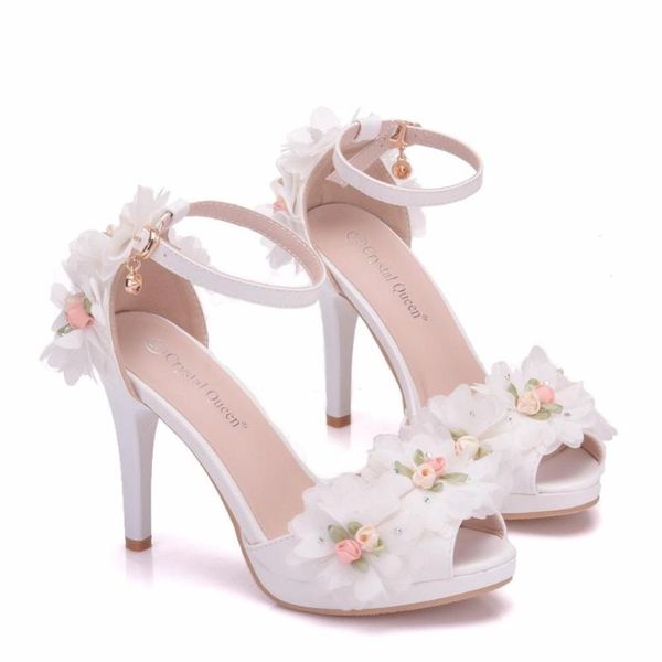 

2020 summer new stiletto high heel fish mouth women's white flower sandals word buckle with casual wedding shoes, Black