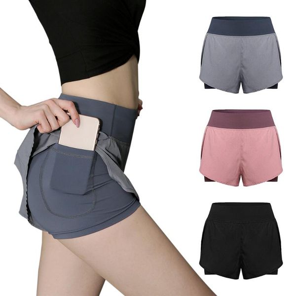 

running shorts 2021 women 2 in 1 with liner high waist yoga active workout sports pocket female, Black;blue